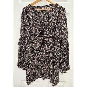 Amuse‎ Society Floral Boho Mini Dress Black Tassel Lace Trim Ruffle Sleeve M